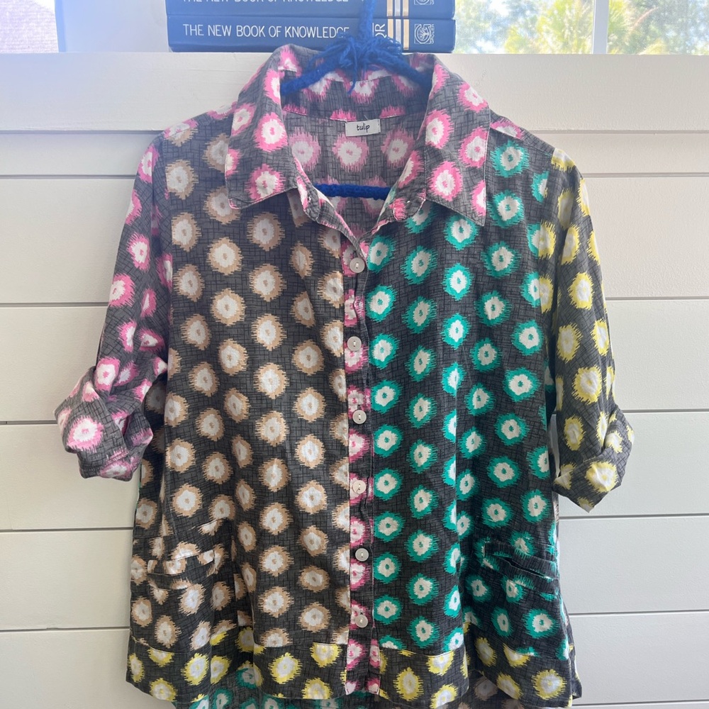 Tulip Color block button top. Colorful. Bright. Summer. Swing. Playful